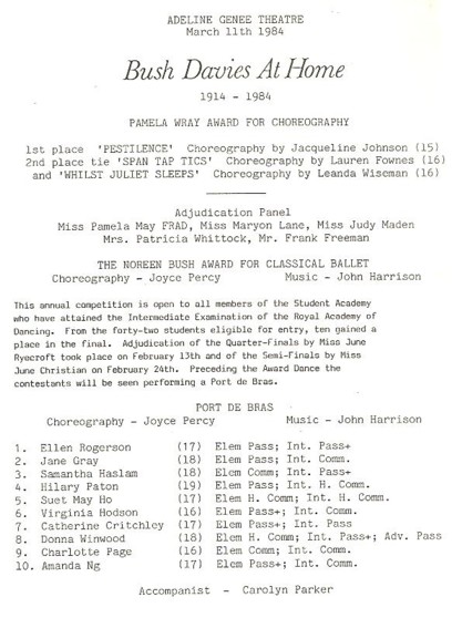 Programme Bush Davies at Home 1984 page 1